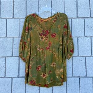 Tianello Green Floral Short Sleeve Top Blouse Shirt Size S